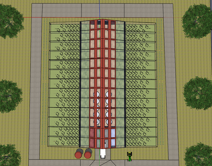 Site render showing barn placement across the grounds