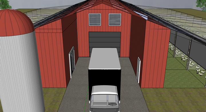 Interior render of the barn with automated feed and water lines